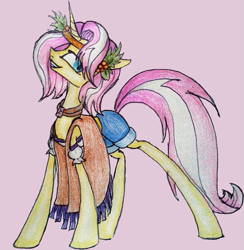 Size: 621x637 | Tagged: safe, artist:mysteriousshine, character:vignette valencia, species:pony, species:unicorn, equestria girls:rollercoaster of friendship, g4, my little pony: equestria girls, my little pony:equestria girls, clothing, equestria girls ponified, female, grin, holly, mare, pants, ponified, scarf, simple background, smiling, solo, traditional art, vignette valencia