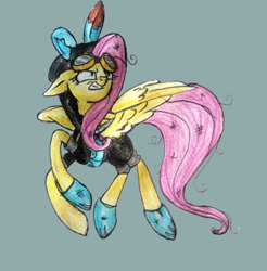 Size: 710x721 | Tagged: safe, artist:mysteriousshine, character:fluttershy, species:pegasus, species:pony, badass, bunny ears, clothing, costume, dangerous mission outfit, female, flutterbadass, flying, goggles, hoodie, looking up, mare, messy mane, scowl, simple background, solo, traditional art