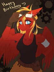 Size: 2323x3130 | Tagged: safe, artist:taleriko, oc, oc only, oc:twotail, species:anthro, species:pegasus, species:pony, bandage, birthday, clothing, dirty, ear piercing, earring, female, gears, goggles, hand on hip, happy birthday, heart, jewelry, looking at you, mare, piercing, signature, solo