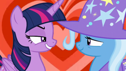 Size: 1280x720 | Tagged: safe, artist:mysteriousshine, edit, edited screencap, screencap, character:trixie, character:twilight sparkle, character:twilight sparkle (alicorn), species:alicorn, species:pony, ship:twixie, episode:no second prances, g4, my little pony: friendship is magic, edited edit, female, heart, heart background, lesbian, shipping, the powerpuff girls