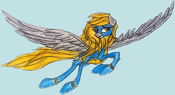Size: 695x377 | Tagged: safe, artist:mysteriousshine, character:derpy hooves, species:pony, clothing, female, flying, mare, solo, traditional art, uniform, wonderbolts, wonderbolts uniform