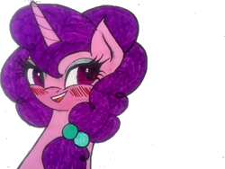 Size: 680x510 | Tagged: safe, artist:mysteriousshine, character:sugar belle, species:pony, species:unicorn, blushing, bust, female, mare, simple background, smiling, solo, traditional art, transparent background
