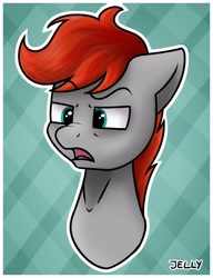 Size: 2300x3000 | Tagged: safe, artist:jellysiek, oc, oc:cherry feather, species:pegasus, species:pony, angry, confused, female, head shot, mare, simple background, solo
