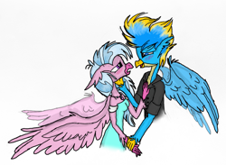 Size: 1479x1085 | Tagged: safe, artist:mysteriousshine, character:gallus, character:silverstream, species:anthro, species:griffon, species:hippogriff, ship:gallstream, blushing, clothing, dress, female, male, shipping, speedpaint available, straight