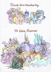 Size: 1024x1439 | Tagged: safe, artist:grimmyweirdy, character:applejack, character:fluttershy, character:nightmare rarity, character:pinkie pie, character:rainbow dash, character:rarity, character:spike, character:twilight sparkle, character:twilight sparkle (alicorn), species:alicorn, species:draconequus, species:dragon, species:pony, species:unicorn, episode:the last problem, g4, my little pony: friendship is magic, ascension, awesome, badass, draconequified, flutterequus, forest spirit, fusion, goo, goo pony, immortal, immortality, immortality is awesome, mane seven, mane six, monster pony, older, older spike, original species, pantheon, pinkie slime, princess twilight 2.0, seedlingjack, species swap, spikezilla, super rainbow dash, traditional art, transformed