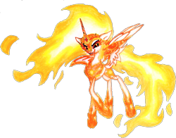 Size: 689x541 | Tagged: safe, artist:mysteriousshine, character:daybreaker, character:princess celestia, species:alicorn, species:pony, crown, eyelashes, female, hoof shoes, jewelry, mane of fire, mare, peytral, raised hoof, regalia, simple background, smiling, solo, traditional art, transparent background