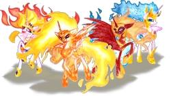 Size: 696x392 | Tagged: safe, alternate version, artist:mysteriousshine, character:daybreaker, character:nightmare star, character:princess celestia, species:alicorn, species:pony, alternate hairstyle, crown, eyelashes, female, frown, hoof shoes, jewelry, mane of fire, mare, multeity, peytral, raised hoof, redesign, regalia, simple background, smiling, solo, traditional art, transparent background