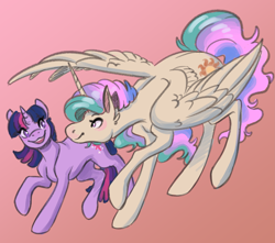 Size: 5677x5022 | Tagged: safe, artist:faline-art, character:princess celestia, character:twilight sparkle, character:twilight sparkle (unicorn), species:alicorn, species:pony, species:unicorn, cute, duo, female, gradient background, looking at each other, mare, raised hoof, smiling, spread wings, wings