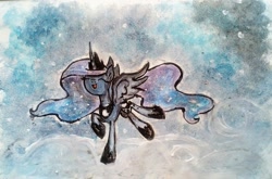 Size: 1965x1299 | Tagged: safe, artist:mysteriousshine, character:princess luna, species:alicorn, species:pony, abstract background, ethereal mane, eyes closed, female, galaxy mane, hoof shoes, mare, peytral, raised hoof, smiling, solo, traditional art