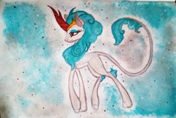 Size: 1985x1330 | Tagged: safe, artist:mysteriousshine, character:rain shine, species:kirin, abstract background, female, leonine tail, solo, traditional art