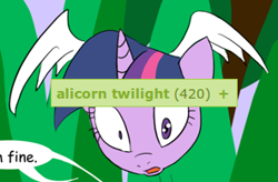 Size: 296x194 | Tagged: safe, artist:loceri, edit, character:twilight sparkle, character:twilight sparkle (alicorn), species:alicorn, species:pony, 420, disembodied head, exploitable meme, horn, tags, text, wings