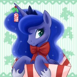 Size: 3000x3000 | Tagged: safe, artist:steffy-beff, character:princess luna, species:pony, bow, box, christmas, cute, female, lunabetes, pony in a box, present, solo