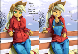 Size: 2873x2000 | Tagged: safe, artist:fidzfox, character:applejack, species:anthro, species:earth pony, species:pony, bait and switch, breasts, busty applejack, buttons, clothing, cowboy hat, cute, dialogue, eyes closed, female, freckles, frown, grin, hat, high res, hoodie, jackabetes, jacket, leaning, looking at you, mare, not what it looks like, offscreen character, overalls, pants, raised eyebrow, smiling, solo, stetson, zipper