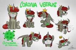 Size: 1600x1062 | Tagged: safe, artist:oinktweetstudios, oc, oc only, oc:corona veerus, species:pony, coronavirus, coughing, covid-19, crown, curved horn, face mask, fangs, female, gray background, hissing, horn, hybrid, jewelry, long tongue, mare, monster pony, ponified, ppe, regalia, scar, simple background, solo, surgical mask, tongue out, wings