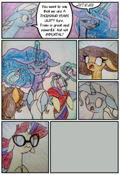 Size: 824x1200 | Tagged: safe, artist:mysteriousshine, character:moondancer, character:princess luna, character:trixie, species:pegasus, species:pony, comic:the children of the night, :o, comic, dialogue, ethereal mane, female, filly, flashback potion, galaxy mane, glasses, glowing eyes, glowing horn, horn, magic, mare, open mouth, telekinesis, traditional art