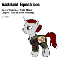 Size: 1200x988 | Tagged: safe, artist:velgarn, oc, oc only, species:pony, species:unicorn, fallout equestria, armor, female, field medic, first aid kit, mare, medic, medkit, military, military uniform, ministry of peace, pen and paper rpg, simple background, solo, wasteland equestrians, white background