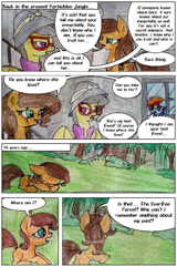 Size: 646x1011 | Tagged: safe, artist:mysteriousshine, character:a.k. yearling, character:daring do, character:rainbow dash, species:pegasus, species:pony, species:unicorn, comic:the children of the night, cloak, clothing, comic, dialogue, female, forest, glasses, hat, mare, pith helmet, prone, sleeping, traditional art