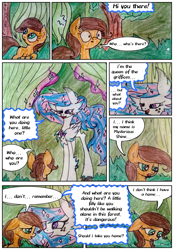 Size: 1450x2080 | Tagged: safe, artist:mysteriousshine, species:earth pony, species:hippogriff, species:pony, comic:the children of the night, comic, dialogue, ethereal mane, female, forest, galaxy mane, mare, surprised, traditional art