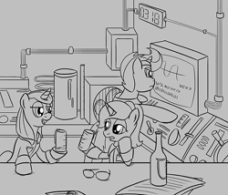 Size: 700x600 | Tagged: safe, artist:sirvalter, oc, oc only, oc:professor beaker, oc:scoperage, oc:weatherglass, species:pony, species:unicorn, fanfic:steyblridge chronicle, black and white, bottle, clothing, fanfic, fanfic art, female, glasses, grayscale, hooves, horn, illustration, lab coat, laboratory, male, mare, monochrome, open mouth, research institute, scientist, smiling, stallion