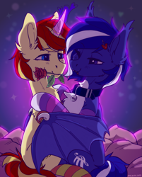 Size: 1607x2000 | Tagged: safe, artist:kotya, oc, oc only, oc:lorenzo lovers, oc:rainey lovers, species:bat pony, species:pony, species:unicorn, clothing, collar, flower, flower in mouth, hairpin, hug, magic, mouth hold, pillow, rose, socks, sparkles, striped socks, winghug
