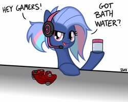 Size: 1280x1022 | Tagged: safe, artist:banquo0, oc, oc:bit rate, species:earth pony, species:pony, bath water, controller, earth pony oc, gamecube controller, gamer girl, gamer girl bath water, headphones, meme, solo, text