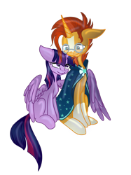 Size: 1321x1762 | Tagged: safe, alternate version, artist:mysteriousshine, character:sunburst, character:twilight sparkle, character:twilight sparkle (alicorn), species:alicorn, species:pony, species:unicorn, ship:twiburst, background removed, cape, clothing, female, glasses, hug, male, mare, shipping, simple background, sitting, smiling, stallion, straight, transparent background, winghug