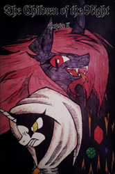 Size: 2145x3229 | Tagged: safe, artist:mysteriousshine, comic:the children of the night, bust, cloak, clothing, cover art, duo, fangs, hood, open mouth, red eyes, slit eyes, smiling, traditional art