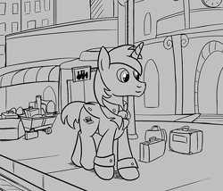 Size: 700x600 | Tagged: safe, artist:sirvalter, oc, oc only, oc:scripted switch, species:pony, species:unicorn, fanfic:steyblridge chronicle, baltimare, black and white, city, clothing, fanfic, fanfic art, grayscale, hooves, horn, illustration, male, monochrome, scientist, solo, stallion, suit, suitcase, tuxedo