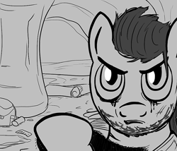 Size: 700x600 | Tagged: safe, artist:sirvalter, oc, oc only, oc:paddock wild, species:earth pony, species:pony, fanfic:steyblridge chronicle, badlands, black and white, cave, clothing, crying, fanfic, fanfic art, grayscale, hooves, illustration, looking at you, male, monochrome, scientist, solo, stallion, zoologist