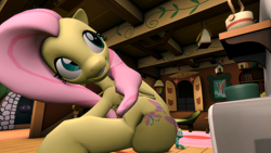 Size: 2500x1406 | Tagged: safe, artist:johnnyxluna, character:fluttershy, character:zephyr breeze, 3d, brother and sister, butt crush, crawling, female, fluttershy's cottage, giantess, growth, looking at you, looking back, looking up, looking up at you, macro, male, micro, shrinking, siblings, sitting, sitting on, sitting on pony, size difference, size stealing, smiling, source filmmaker, tight squeeze, what is happening