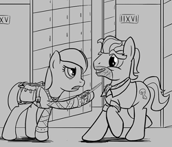 Size: 700x600 | Tagged: safe, artist:sirvalter, character:doctor caballeron, oc, oc:patrimony, species:crystal pony, species:earth pony, species:pony, fanfic:steyblridge chronicle, bag, black and white, clothing, duo, fanfic, fanfic art, female, grayscale, grin, gritted teeth, hooves, illustration, knife, male, mare, monochrome, research institute, saddle bag, smiling, stallion, storage