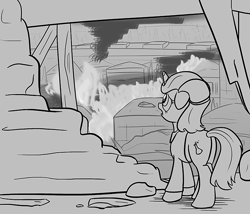 Size: 700x600 | Tagged: safe, artist:sirvalter, oc, oc only, oc:professor beaker, species:pony, species:unicorn, fanfic:steyblridge chronicle, black and white, clothing, disaster, fanfic, fanfic art, female, fire, floppy ears, grayscale, hooves, horn, illustration, lab coat, mare, monochrome, open mouth, research institute, ruins, scientist, solo