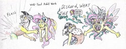 Size: 1024x400 | Tagged: safe, artist:grimmyweirdy, character:discord, character:fluttershy, species:draconequus, comic:cosmic cosmos, angry, draconequified, flutterequus, fluttershy is not amused, grimdark series, grotesque series, just no, species swap, teleportation, traditional art, unamused, yay