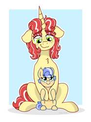 Size: 1484x2000 | Tagged: safe, artist:pink-pone, character:flim, oc, oc:ruby rhapsody, parent:flim, parent:sapphire shores, parents:flimshores, species:pony, alternate hairstyle, father and child, father and daughter, female, filly, male, offspring