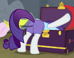Size: 723x566 | Tagged: safe, artist:thedarkpony, edit, edited screencap, screencap, character:rarity, species:pony, species:unicorn, episode:horse play, g4, my little pony: friendship is magic, butt, clothing, cropped, fart, fart edit, female, mare, onomatopoeia, plot, shorts, solo