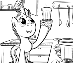 Size: 700x600 | Tagged: safe, artist:sirvalter, oc, oc only, oc:bling flair, species:pony, species:unicorn, fanfic:steyblridge chronicle, black and white, blender, colt, fanfic, fanfic art, foal, glass, grayscale, grin, horn, illustration, kitchen, male, monochrome, plate, research institute, smiling, solo
