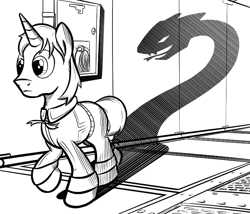 Size: 700x600 | Tagged: safe, artist:sirvalter, oc, oc only, oc:scripted switch, species:pony, species:unicorn, fanfic:steyblridge chronicle, black and white, clothing, fanfic, fanfic art, grayscale, hooves, horn, illustration, male, monochrome, research institute, scientist, solo, stallion