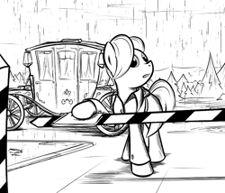 Size: 700x600 | Tagged: safe, artist:sirvalter, oc, oc only, species:earth pony, species:pony, fanfic:steyblridge chronicle, black and white, carriage, clothing, fanfic, fanfic art, forest, grayscale, hooves, illustration, male, monochrome, outdoors, research institute, solo, stallion, tree