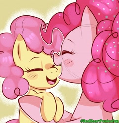 Size: 1600x1654 | Tagged: safe, artist:redheartponiesfan, character:li'l cheese, character:pinkie pie, species:earth pony, species:pony, episode:the last problem, g4, my little pony: friendship is magic, blushing, cute, diapinkes, duo, eyes closed, female, foal, holding a pony, li'l cuteese, mare, mother and child, older, older pinkie pie