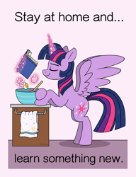 Size: 1500x1953 | Tagged: safe, artist:pink-pone, character:twilight sparkle, character:twilight sparkle (alicorn), species:alicorn, species:pony, baking, blow, book, bowl, coronavirus, covid-19, dough scraper, egg, eyes closed, female, glowing horn, horn, implied princess celestia, kitchen, levitation, magic, mix, quarantine, social distancing, solo, stay at home, telekinesis, towel