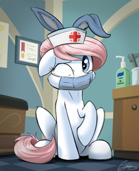 Size: 2442x3002 | Tagged: safe, artist:oinktweetstudios, character:nurse redheart, species:earth pony, species:pony, coronavirus, covid-19, easter, face mask, fake ears, female, hand sanitizer, holiday, mask, one eye closed, ppe, solo, surgical mask