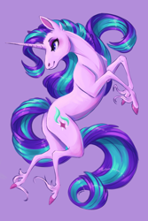 Size: 6000x9000 | Tagged: safe, artist:faline-art, character:starlight glimmer, species:classical unicorn, species:pony, species:unicorn, g4, absurd resolution, colored hooves, digital art, female, hoers, mare, profile, purple background, rampant, simple background, smiling, solo, unshorn fetlocks