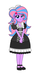 Size: 2000x3800 | Tagged: safe, artist:gabosor, derpibooru original, part of a set, oc, oc:flower blossom, my little pony:equestria girls, blue eyes, bow, clothing, cute, dress, female, hair bow, headband, lipstick, lolita fashion, looking at you, maid, multicolored hair, princess princess, shoes, simple background, smiling, solo, trans female, transgender, transparent background