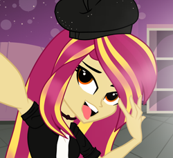 Size: 1482x1360 | Tagged: safe, artist:galacticflashd, oc, oc only, oc:styler selvano, my little pony:equestria girls, bedroom, beret, choker, clothing, cupboard, female, hat, not sunset shimmer, open mouth, pose, selfie, solo, tongue out