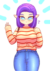 Size: 2508x3541 | Tagged: safe, artist:sigpi, character:rarity, species:anthro, alternate hairstyle, clothing, elf ears, female, glasses, jeans, looking at you, nerd, pants, solo