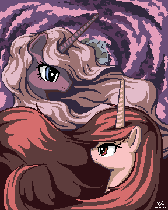 Size: 576x720 | Tagged: source needed, useless source url, safe, artist:pix3m, oc, oc only, species:pony, species:unicorn, abstract background, bust, duo, female, limited palette, long mane, mare, pixel art