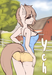 Size: 1624x2344 | Tagged: safe, artist:mintjuice, species:anthro, species:pony, advertisement, barn, boobs and butt pose, breasts, butt, clothing, commission, farm, female, fence, looking at you, mare, perky breasts, see-through, shorts, tree, your character here