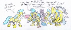 Size: 1024x439 | Tagged: safe, artist:grimmyweirdy, character:gallus, comic:dragon diplomacy, episode:the last problem, g4, my little pony: friendship is magic, diplomat, facepalm, golden armor, guard, implied smolder, musical instrument, older, older gallus, royal guard, royal guard gallus, sousaphone, traditional art