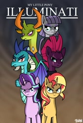 Size: 1367x2017 | Tagged: safe, artist:banquo0, character:maud pie, character:princess ember, character:starlight glimmer, character:sunset shimmer, character:tempest shadow, character:thorax, species:changeling, species:earth pony, species:pegasus, species:pony, species:reformed changeling, species:unicorn, broken horn, comic cover, eye scar, female, gradient background, group, horn, looking at you, male, mare, marvel, scar, text