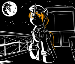 Size: 700x600 | Tagged: safe, artist:sirvalter, oc, oc only, oc:professor beaker, species:pony, species:unicorn, fanfic:steyblridge chronicle, black and white, celestia in the moon, clothing, fanfic, fanfic art, female, full moon, grayscale, hooves, horn, illustration, mare, mare in the moon, military uniform, monochrome, moon, neo noir, night, partial color, raised hoof, research institute, scientist, solo